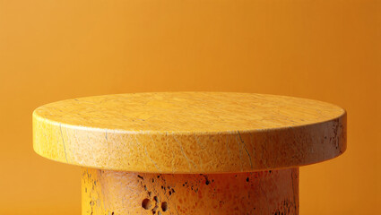 Aged Yellow Concrete Cylindrical Pedestal with Natural Weathering and Crack Patterns Against Matching Background. Podium for showcasing products