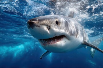 Naklejka premium Great white shark swimming gracefully in clear ocean waters during daylight