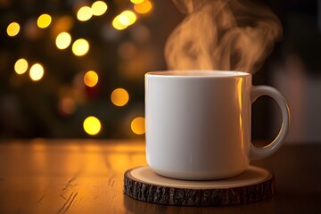 Obraz premium Steaming White Mug on Wooden Coaster with Festive Bokeh Background