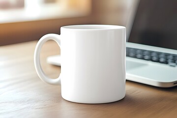 Clean White Mug Beside Laptop on Wooden Table, Bright Natural Light