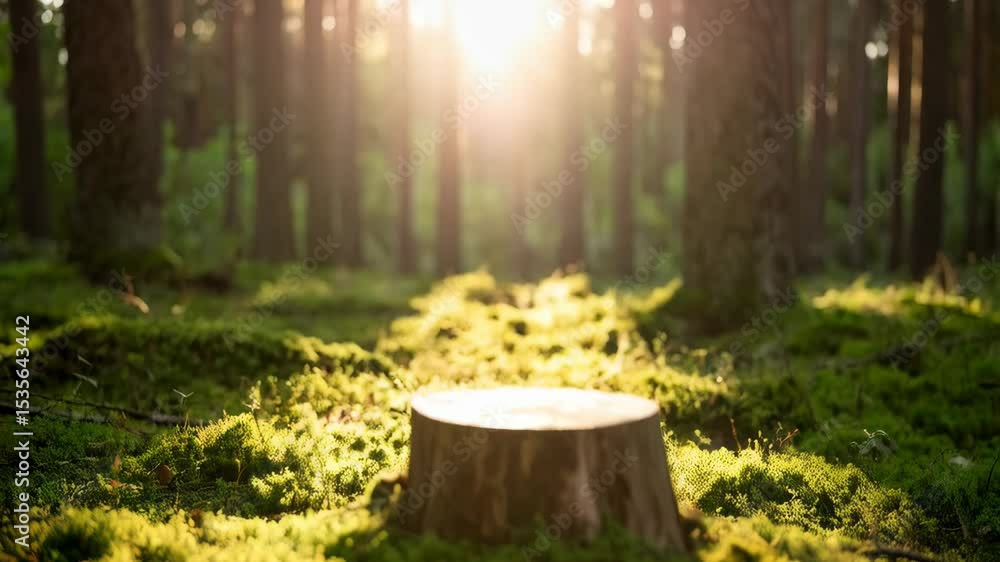 Poster tree stump sits on mossy forest floor as sunlight filters through trees creating a bright and serene