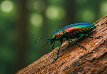 Naklejka premium Iridescent beetle on tree bark. Jewel beetle shining with vibrant colors in nature. Macro photography for insect encyclopedia.