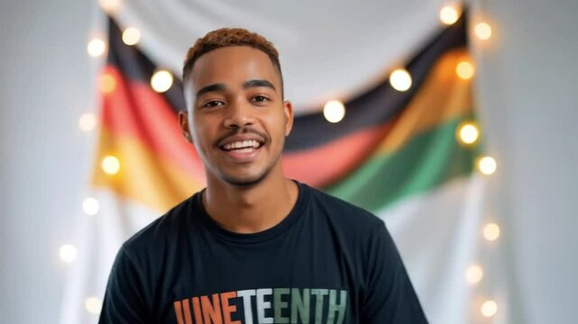 close-up of a young man wearing a Juneteenth T-shirt, smiling brightly, background Juneteenth celebration