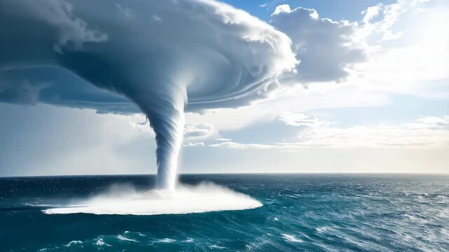 Dramatic waterspout descends from storm clouds to ocean surface, creating swirling waves and spray against a blue sky backdrop