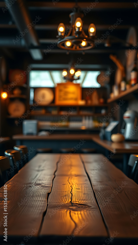 Poster empty wooden table rustic and blurred background of bar or pub for product display high quality phot