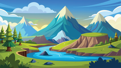 Cartoon Landscape with SnowCapped Mountains, Green Hills, River, and Blue Sky Backdrop