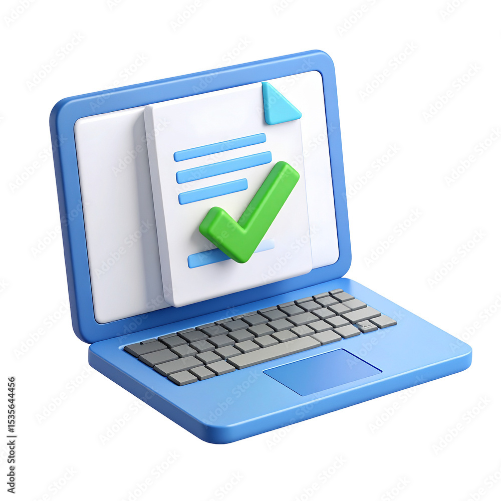 Poster online form submission laptop checklist approval digital document done isolated on transparent backg