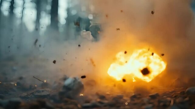 A grenade exploding in a forest, creating a burst of orange and white smoke and debris.