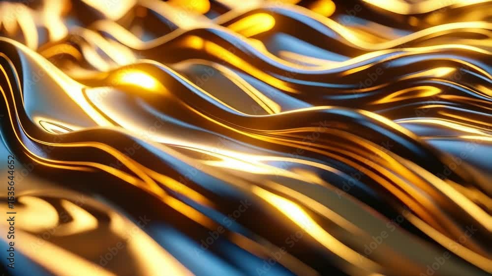 Poster abstract metallic flowing surface with gold highlights and subtle curves, a futuristic chrome design
