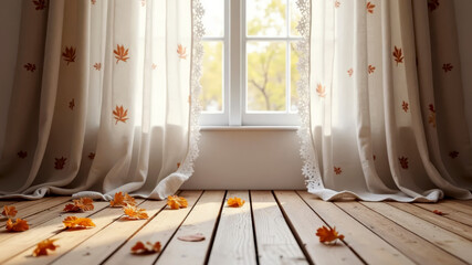 Wooden window decorated with linen curtains with autumn leaves print. Festive cozy concept 