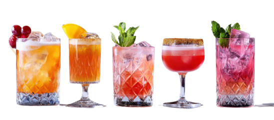 Assorted Colorful Cocktails filled with variety colored refreshing drinks, isolated on a white transparent background