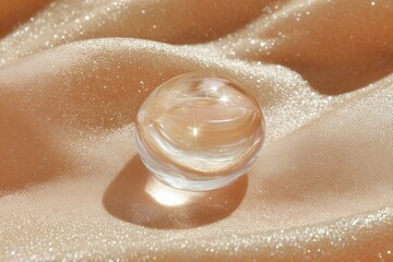 Fototapeta premium Clear quartz sphere rests on a shimmering beige fabric, catching the light with a soft glow.