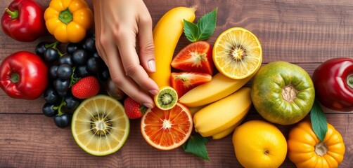 A hand arranges vibrant fruits on a wooden surface, lifestyle, tabletop
