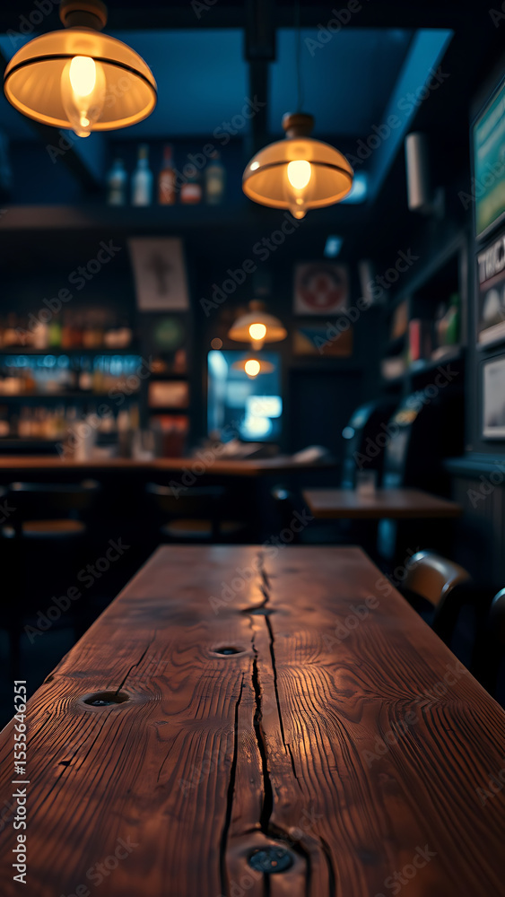 Poster empty wooden table rustic and blurred background of bar or pub for product display high quality phot