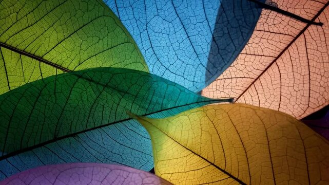 Abstract translucent colorful skeleton leaves overlapping to create a vibrant background texture with intricate details, close up view, macro, artistic