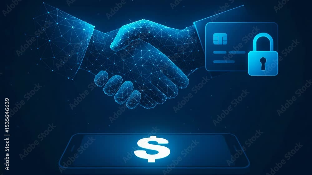 Poster illustration of a digital handshake symbolizing secure online transactions. it features a smartphone