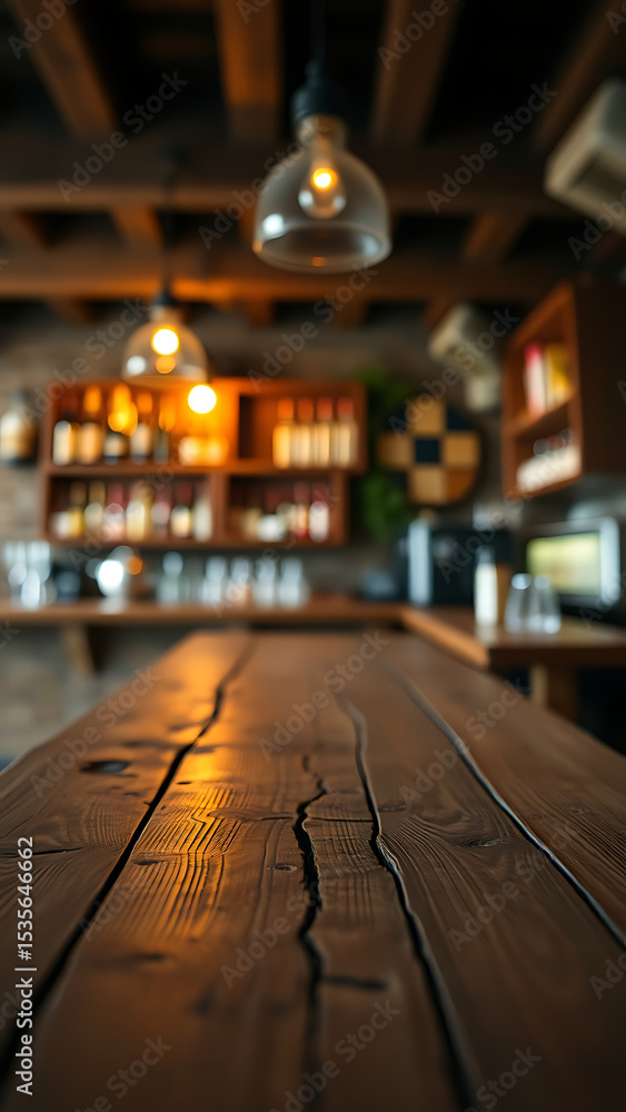 Poster empty wooden table rustic and blurred background of bar or pub for product display high quality phot