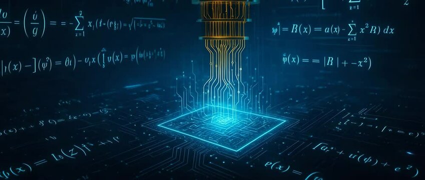 A futuristic illustration of a microchip processing data, with glowing lines and numbers representing complex computations