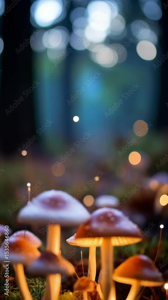 Aufkleber illuminated mushrooms in a forest glade, creating a magical scene with bokeh lights