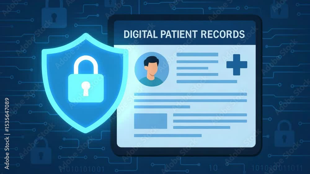 Poster a digital illustration showcasing secure patient records with a shield symbolizing protection. the d