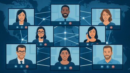 A digital illustration showing diverse professionals engaged in virtual meetings, with video call interfaces connected through a global network, symbolizing modern communication. - Powered by Adobe