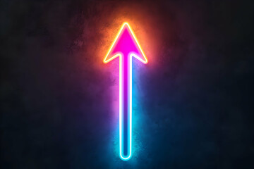 Neon glowing arrow pointing upwards on dark background