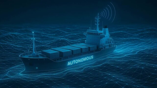 A futuristic autonomous cargo ship sailing through digital waves. The vessel is equipped with advanced navigation technology, symbolizing innovation in maritime transportation.