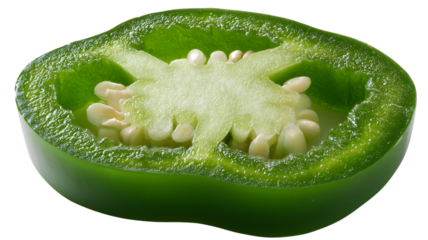 A close-up view showcases the cross-section of a fresh green jalapeno pepper revealing its interior and seeds isolated against a isolated backdrop.