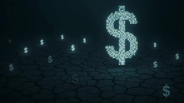 A digital representation of dollar signs floating over a cracked surface, symbolizing wealth and the financial landscape