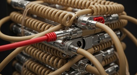 Beige Coiled Cables and Red Connector Stack - A complex arrangement of beige coiled cables and connectors, symbolizing connection, technology, intricacy, organization, and complexity