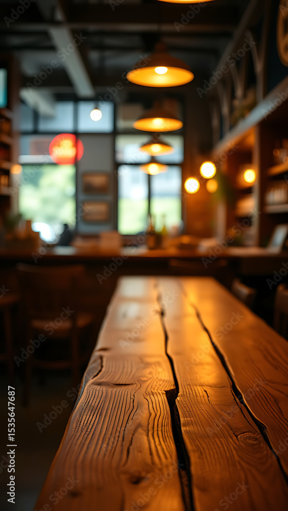 Poster empty wooden table rustic and blurred background of bar or pub for product display high quality phot