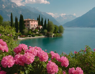 A summer mountain with enchanting pink rhododendron blooms. A gorgeous wallpaper. pink flowers with lake landscape wallpaper
