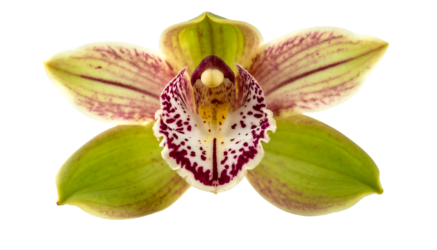Detailed shot of an exotic orchid flower, showcasing its unique green, yellow, and red spotted design, on a PNG background.