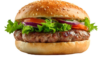 Delicious close up of a classic cheeseburger with fresh ingredients on sesame seed bun on a isolated background