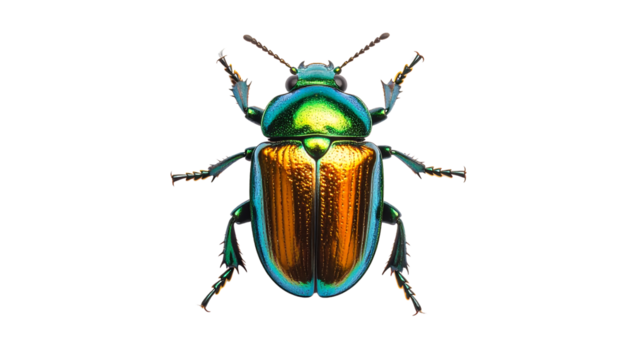 A close-up of an iridescent beetle with metallic green-blue and shimmering golden-orange wing cases, on a PNG background.