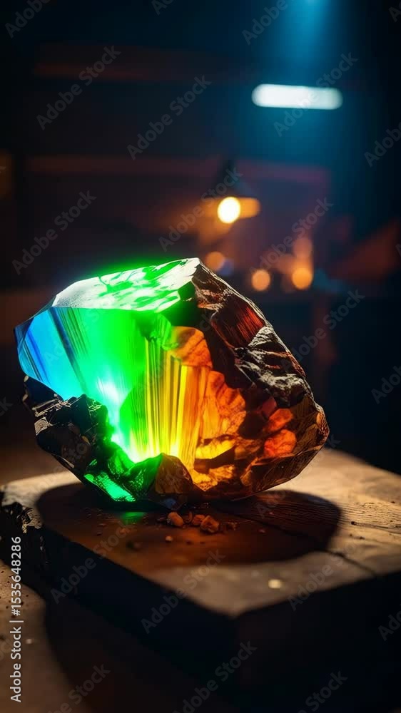 Poster radiant geode filled with glowing vibrant colors rests on a weathered wooden surface in dimly lit se