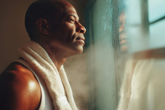 Pensive Black man with towel looking out foggy window in steamy bathroom light