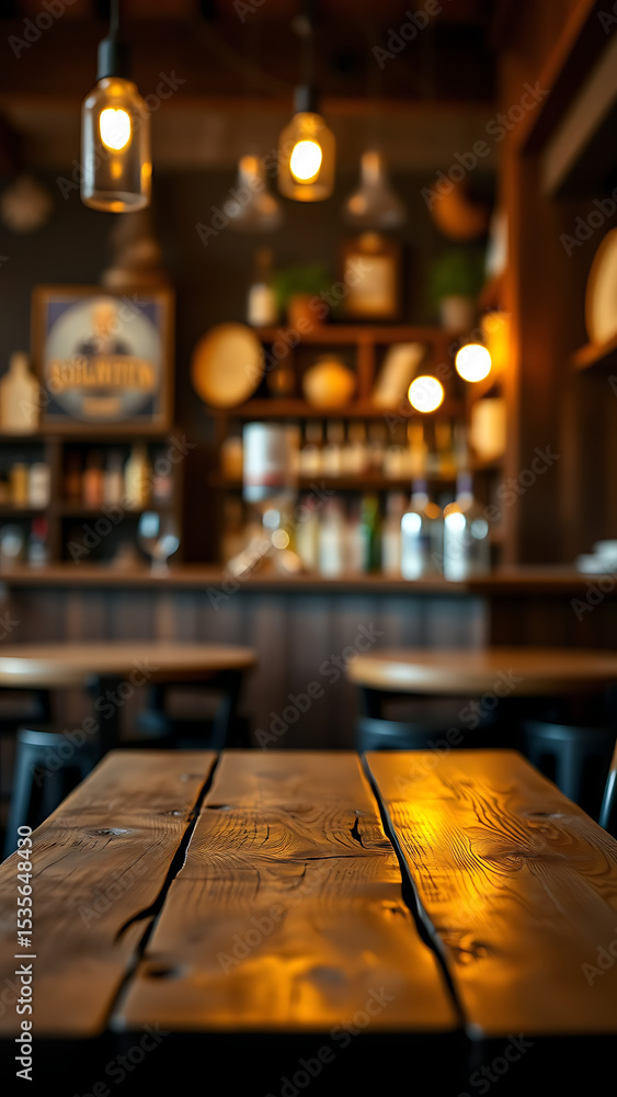 Poster empty wooden table rustic and blurred background of bar or pub for product display high quality phot