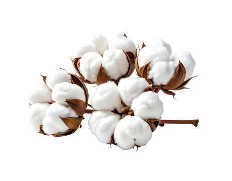 Natural white cotton bolls on a branch, captured in a close-up that highlights their softness, presented on a PNG background.