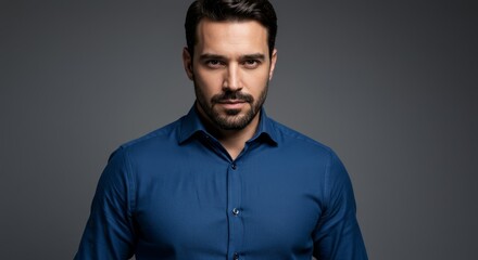 Fototapeta premium Confident Businessman Portrait Sapphire Blue Shirt Gray Background - Powerful businessman portrait, symbolizing success, ambition, leadership, confidence, and professionalism.