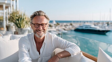 A smiling man in glasses relaxes on a white sofa at a seaside apartment terrace, sun-kissed face glowing, with blurred yachts and ocean view behind him. 