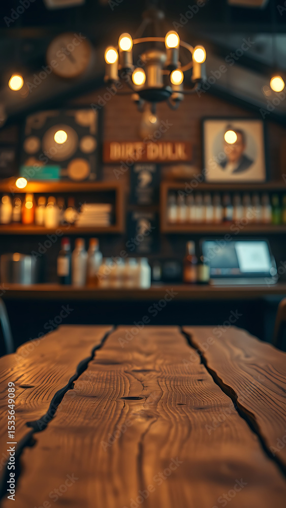 Aufkleber empty wooden table rustic and blurred background of bar or pub for product display high quality phot