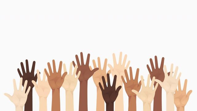 Animation of raising diverse hands up with different skin color on white background