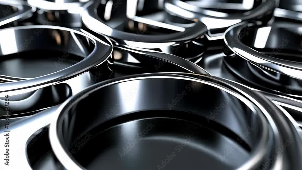 Poster abstract metallic composition of interlocking rings on a dark surface, creating a modern and sophist
