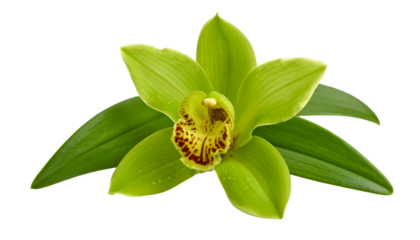 A lime green Cymbidium orchid with red and yellow spots and green leaves on a transparent background.