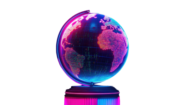 Vibrant High-Tech Globe with Illuminated World Map isolated on a white transparent background