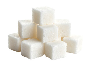 Pile of sweet white sugar blocks, presented on a clear background.