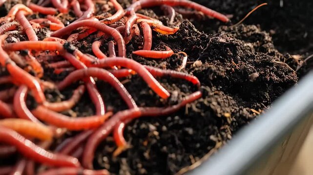 Pile of red wiggler worms wriggling on dark organic soil in a close-up view showing the abundance of the worms.