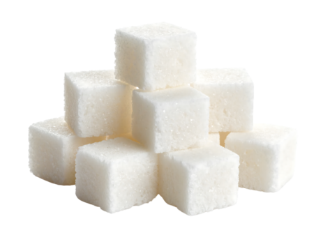 Pile of sweet white sugar blocks, presented on a clear background.