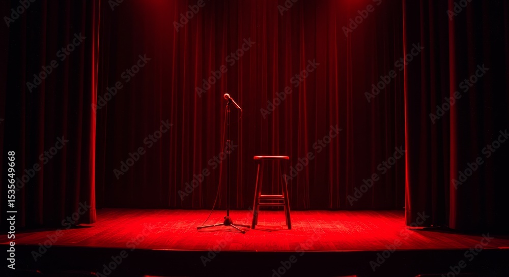 Poster empty stage with microphone and stool - a single microphone and stool stand on a dimly lit stage, ba